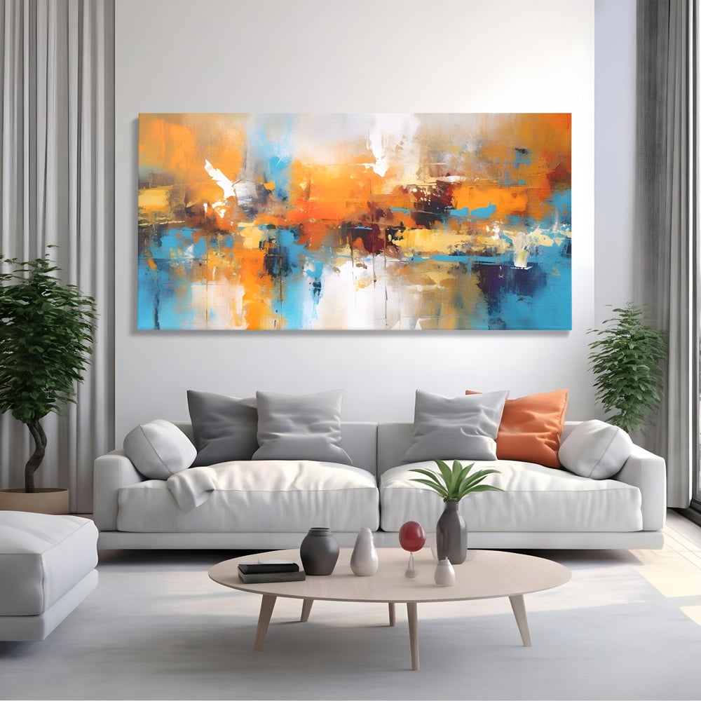 Tablou canvas cu tablou canvas abstract orizontal, fara rama, pe sasiu de lemn, pe perete intr-un living